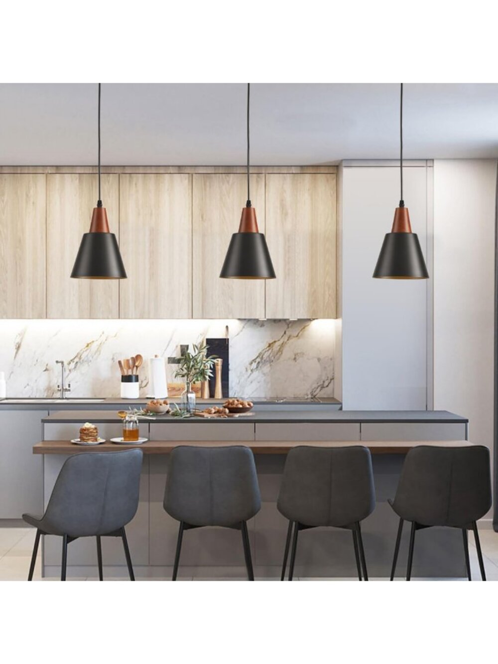 3 Pack Black Pendant Lights - Minimalist Industrial Ceiling Fixtures for Kitchen - Picture 3 of 8